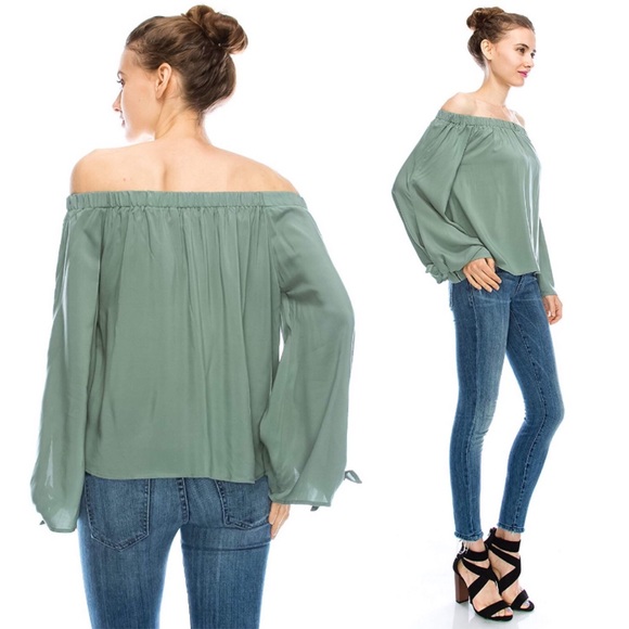 Off Shoulder Tie Cuff Bell Sleeve Blouse Sage Green - Picture 2 of 2